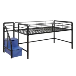Kids' Junior Metal Loft Bed With Storage Steps And Curtain Set Black/Blue - Room & Joy -Room & Joy GUEST f4b05a0e 5fee 4a0f 9717 6cbc23be3516