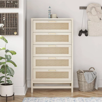 Latta 5 Drawer Dresser Ivory Oak/Faux Rattan - Room & Joy 3 Latta 5 Drawer Dresser Ivory Oak/Faux Rattan - Room & Joy